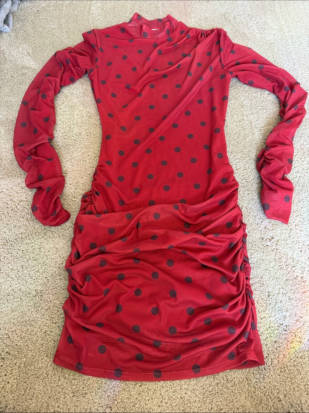 Reformation Emerson Red Long-Sleeve Polka Dot Ruched Dress